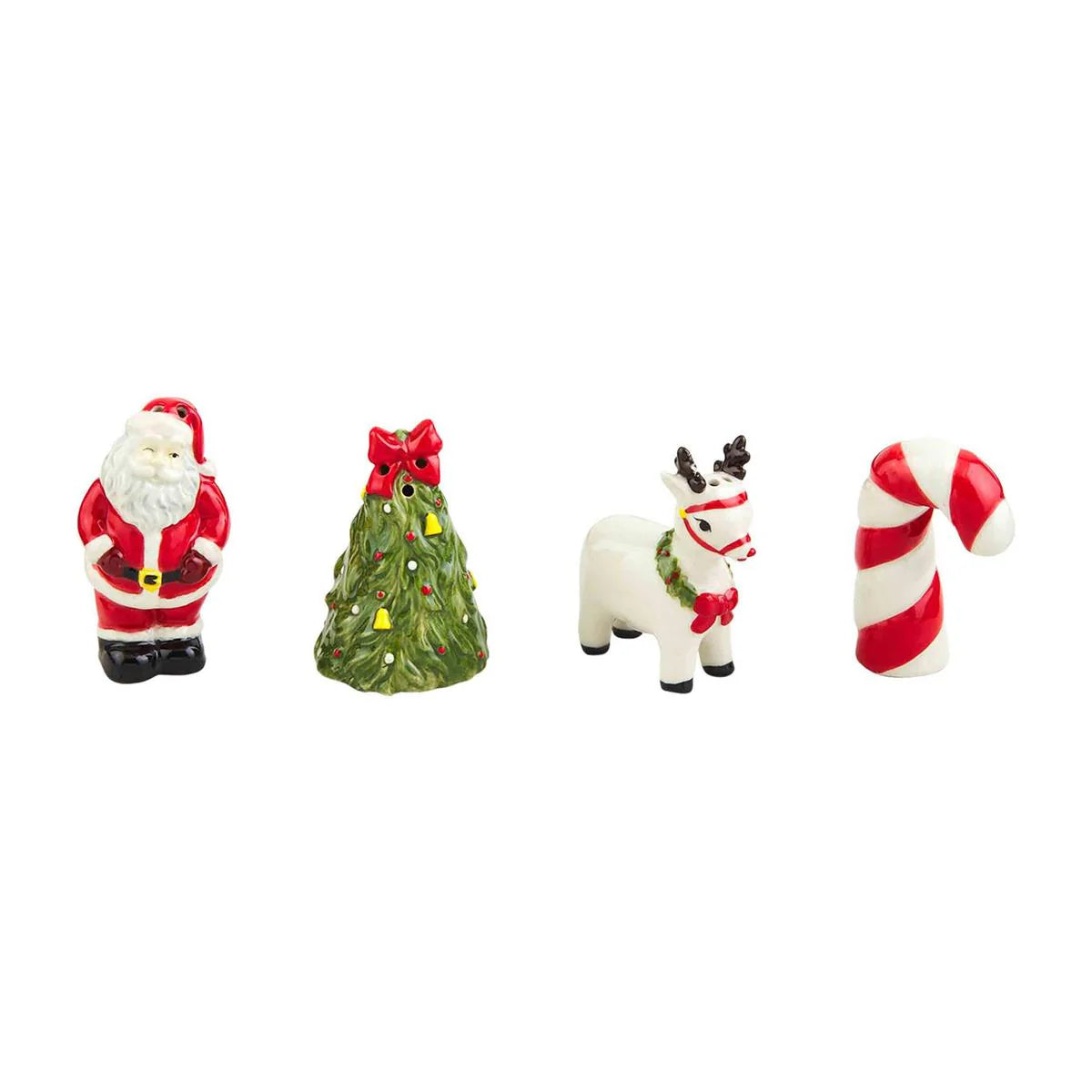 Set of Christmas-themed figurines including Santa Claus, a tree, a reindeer, and a candy cane on a white background.