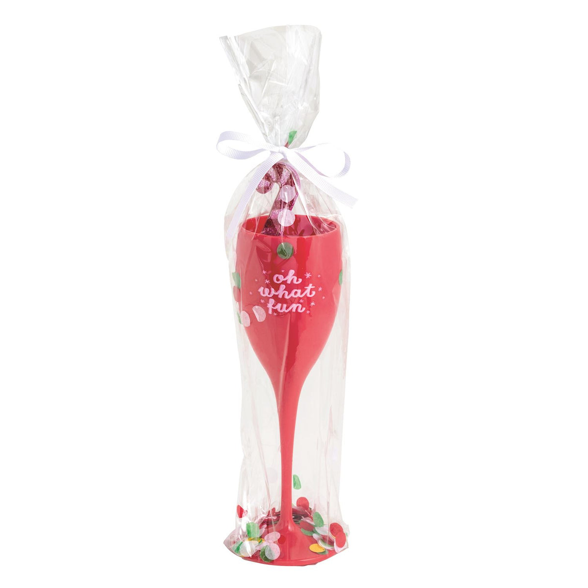Red plastic spoon with 'Oh what fun' text in a clear cellophane bag on a white background