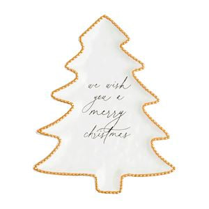 White Christmas tree-shaped card with gold trim and 'we wish you a merry Christmas' text on a white background