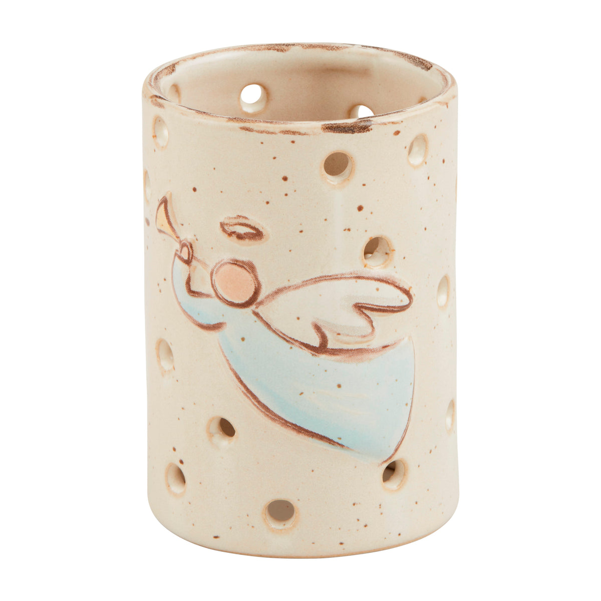 Ceramic vase with angel design on a white background