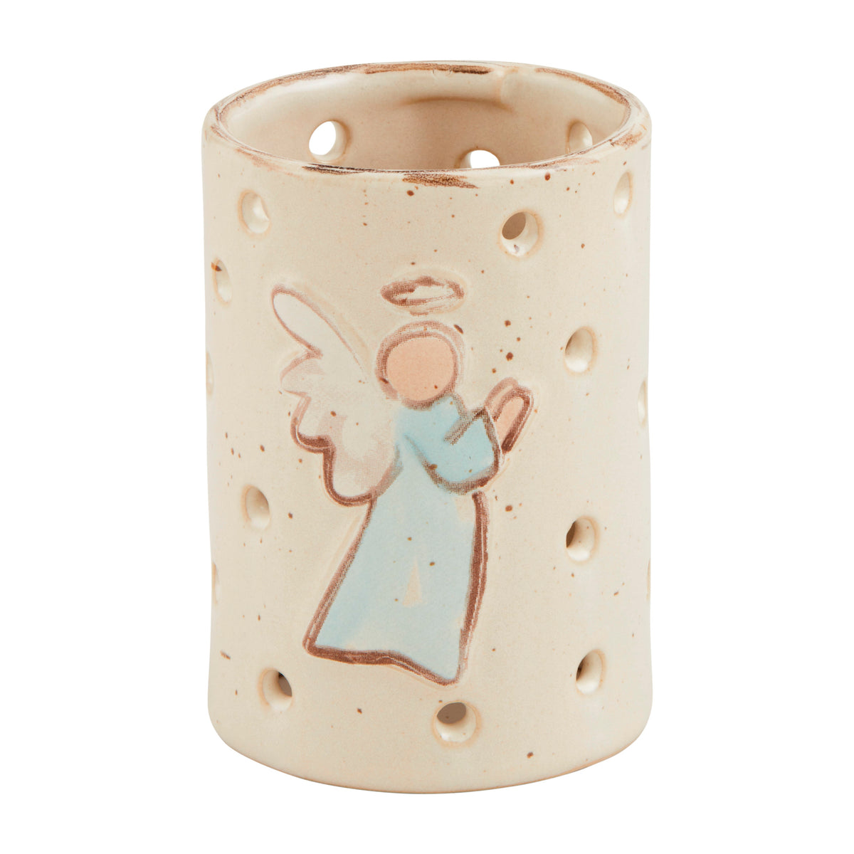 Ceramic vase with angel design on a white background