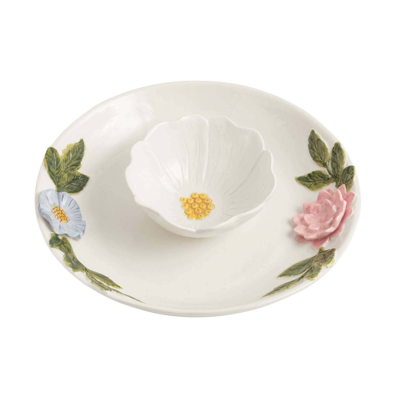 Decorative ceramic plate with floral designs on a white background