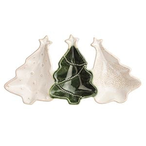 Three ceramic Christmas tree ornaments on a white background