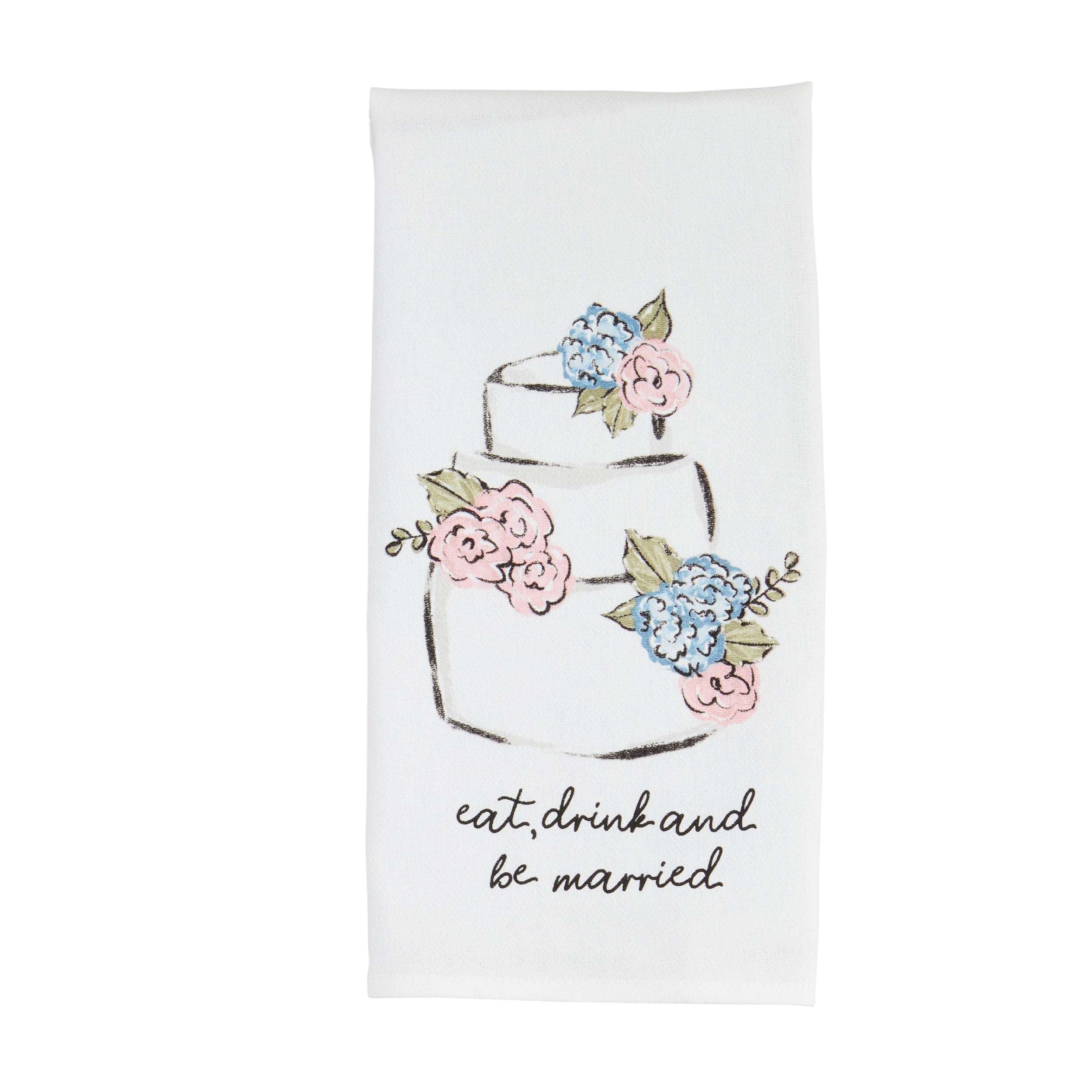 Floral design tea towel with 'eat, drink and be married' text on a white background