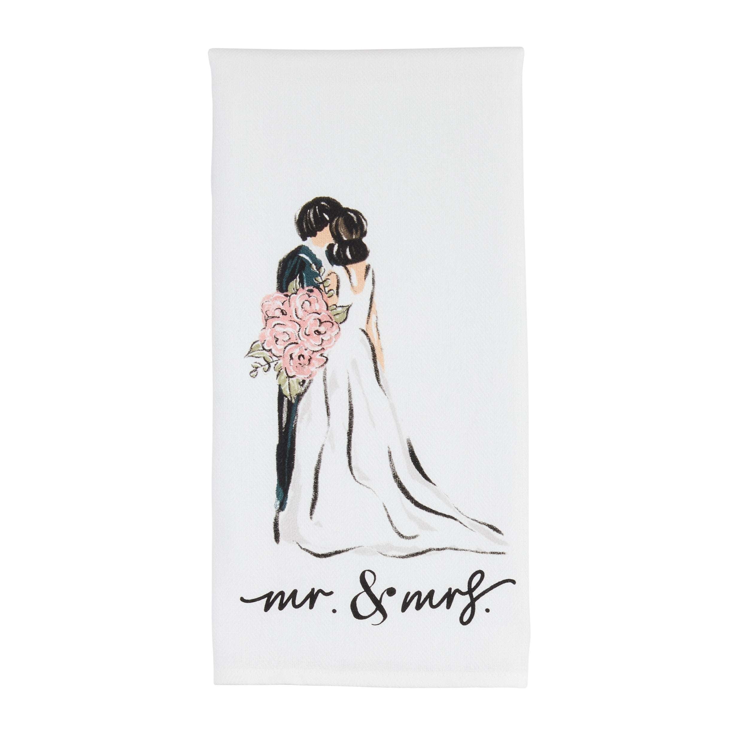 towel with illustration of a bride and groom holding hands, surrounded by flowers, with 'mr. & mrs.