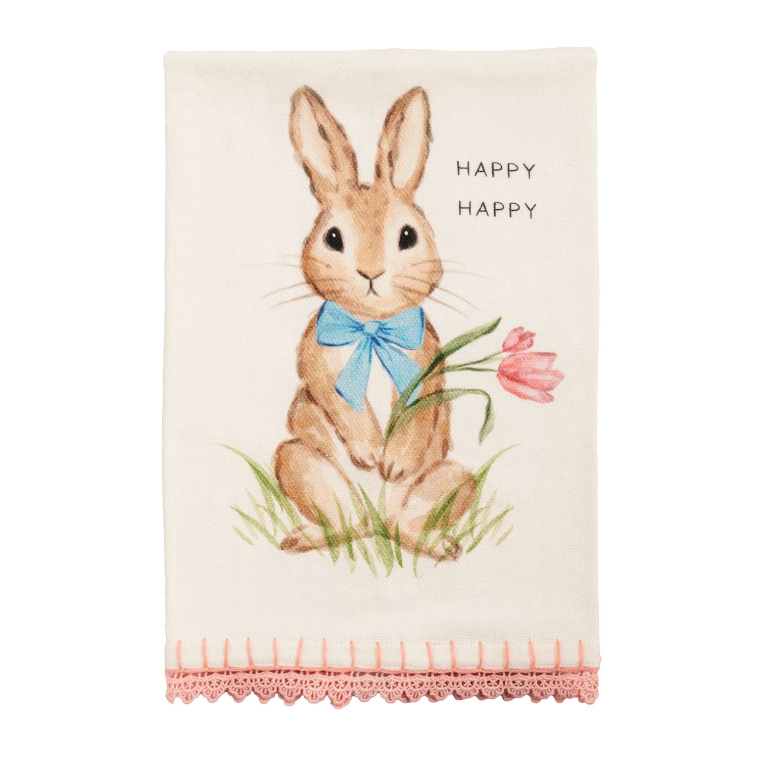 Festive towel with a bunny holding tulips and 'Happy' text on a white background
