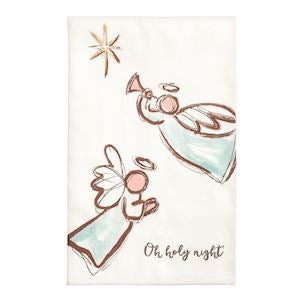 Illustration of two angels with a star above, on a white background with 'Oh holy night' text.