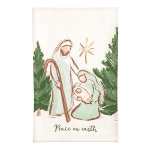 Illustration of a nativity scene with a shepherd and angel, surrounded by trees, on a white background.