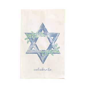 An off-white fabric bag or pouch featuring a blue watercolor Star of David with green leaves and the word 'celebrate' printed below in a cursive font.