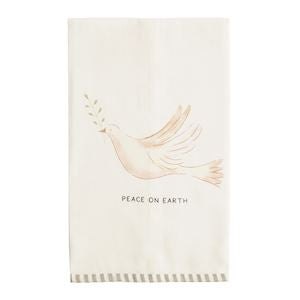 An off-white tea towel featuring a light peach dove holding a olive branch with the text 'PEACE ON EARTH' printed below, finished with a striped fringed hem.