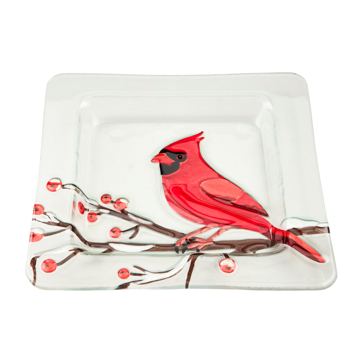Glass dish with a red cardinal design on a white background