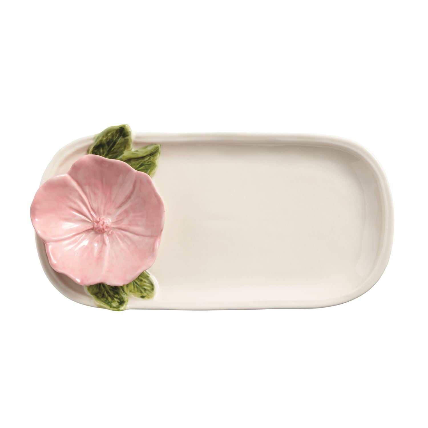 Rectangular ceramic tray with pink floral design on a white background