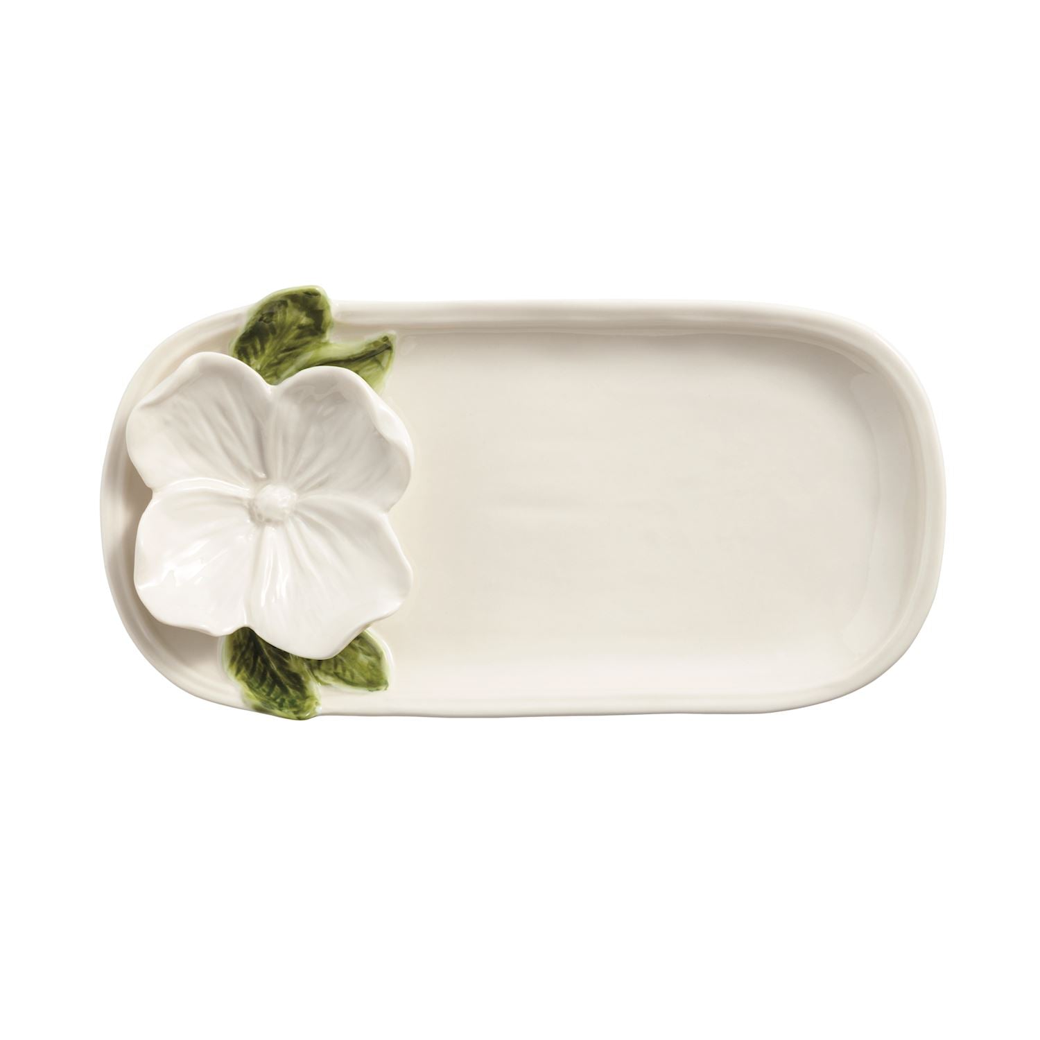 Rectangular ceramic tray with floral design on a white background