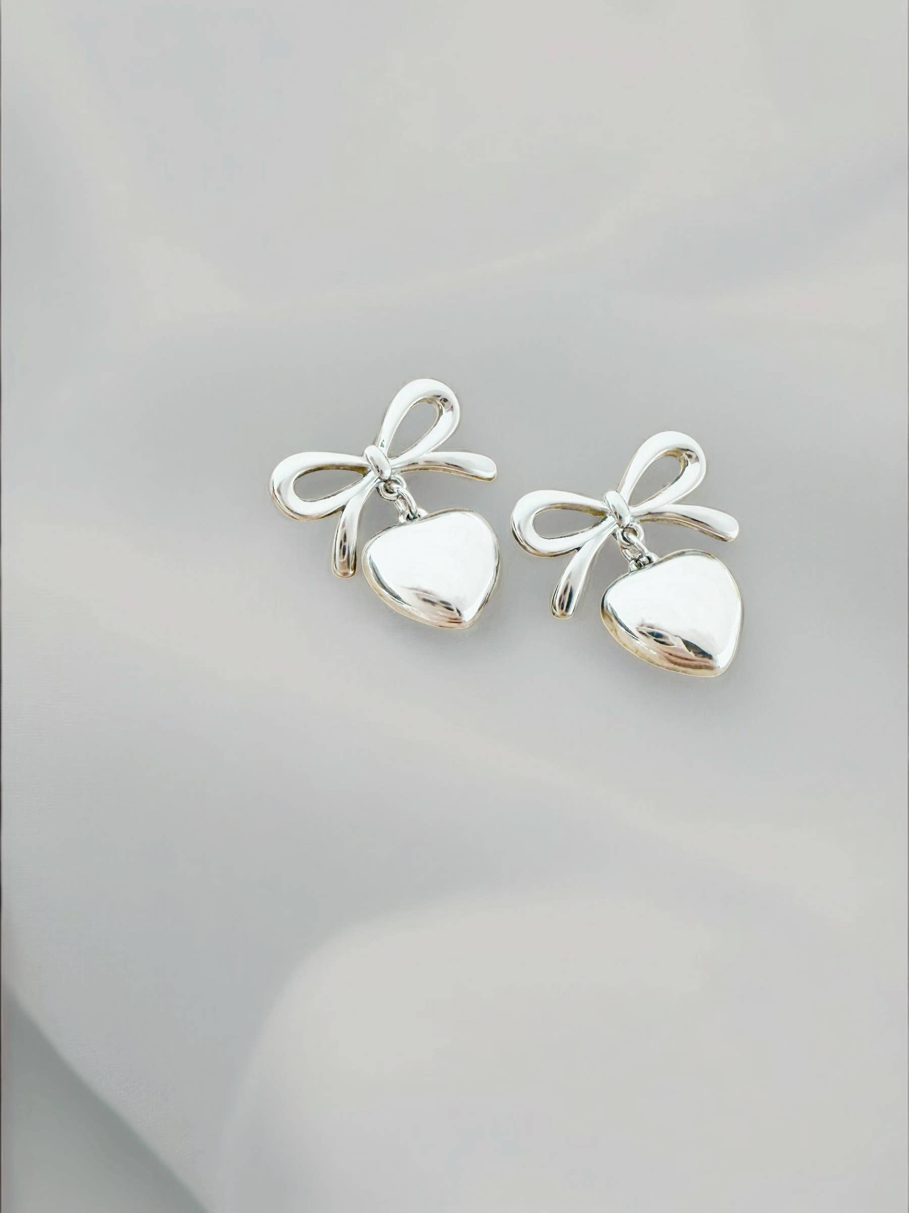 Cherish Bow Ribbon Heart Dangle Earrings Gold Filled Silver