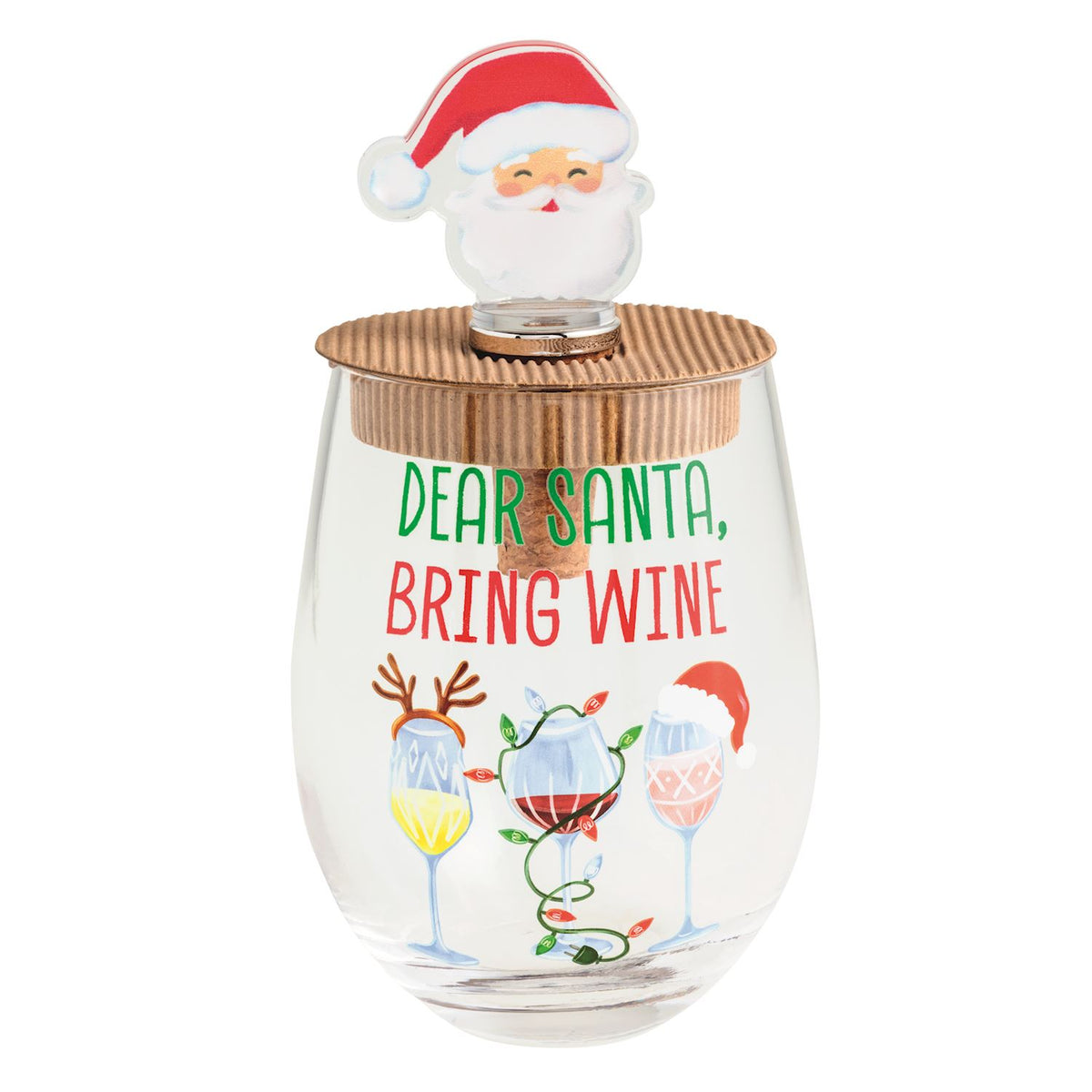 A clear stemless wine glass with a cork stopper topped by a Santa face figure wearing a red Santa hat. The glass is printed with the text 'DEAR SANTA, BRING WINE' in green and red, along with holiday-themed wine glass illustrations.