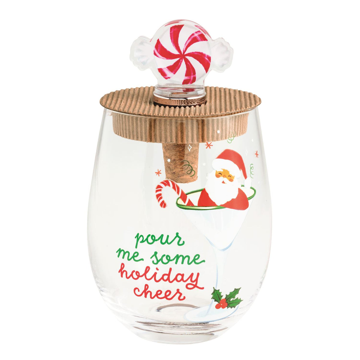 A clear stemless wine glass with a cork stopper topped by a red-and-white candy cane ornament, featuring a wooden lid and a festive Santa Claus graphic with the phrase 'pour me some holiday cheer' on a white background.