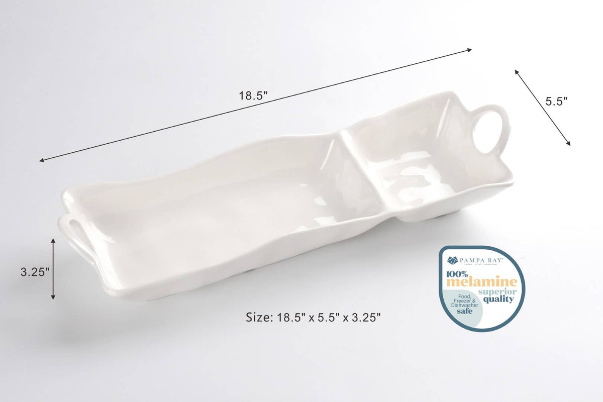 White ceramic tray with dimensions on a light gray background