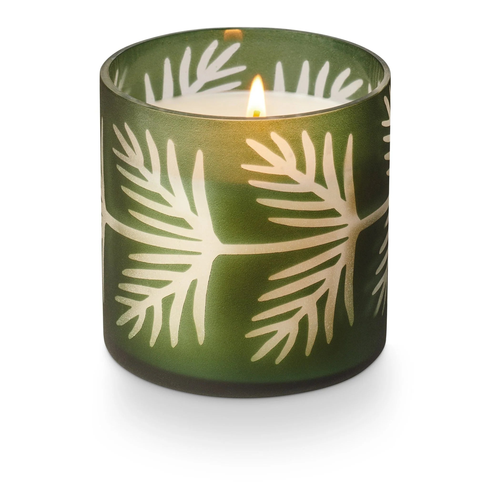 Green frosted candle with leaf pattern