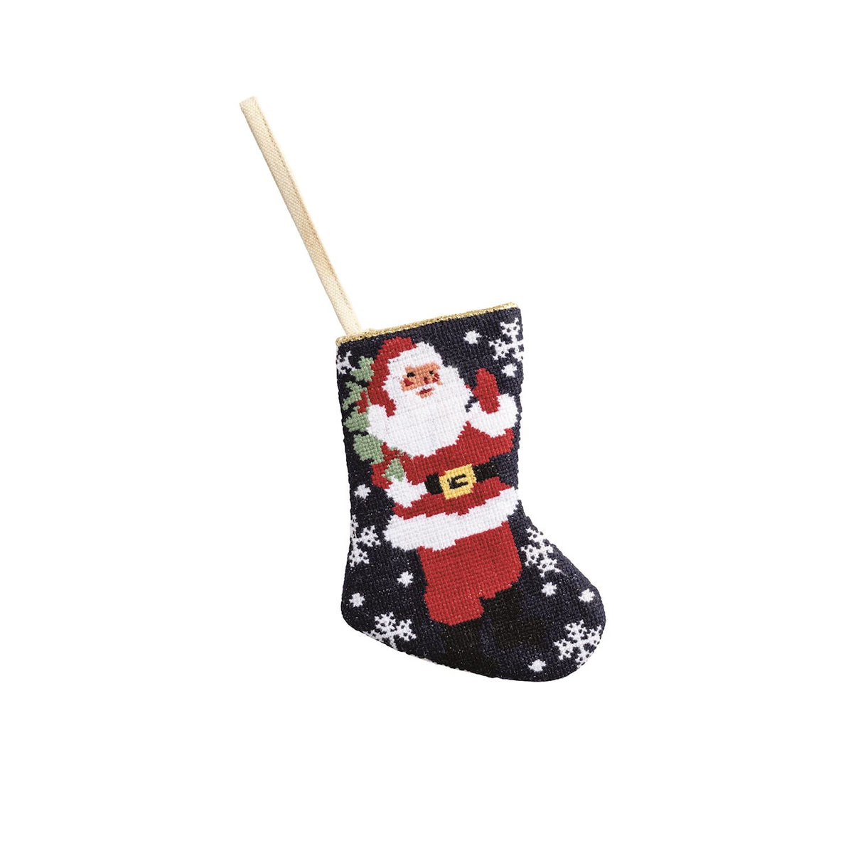 Knitted Christmas stocking with Santa Claus design on a white background