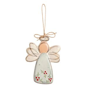A ceramic Christmas angel ornament with a pale peach face, translucent wings, and a white dress decorated with small red berries and green leaves, hanging from a thin twine loop.