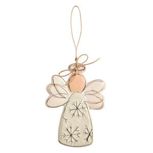 Decorative angel ornament with snowflake patterns on a white background