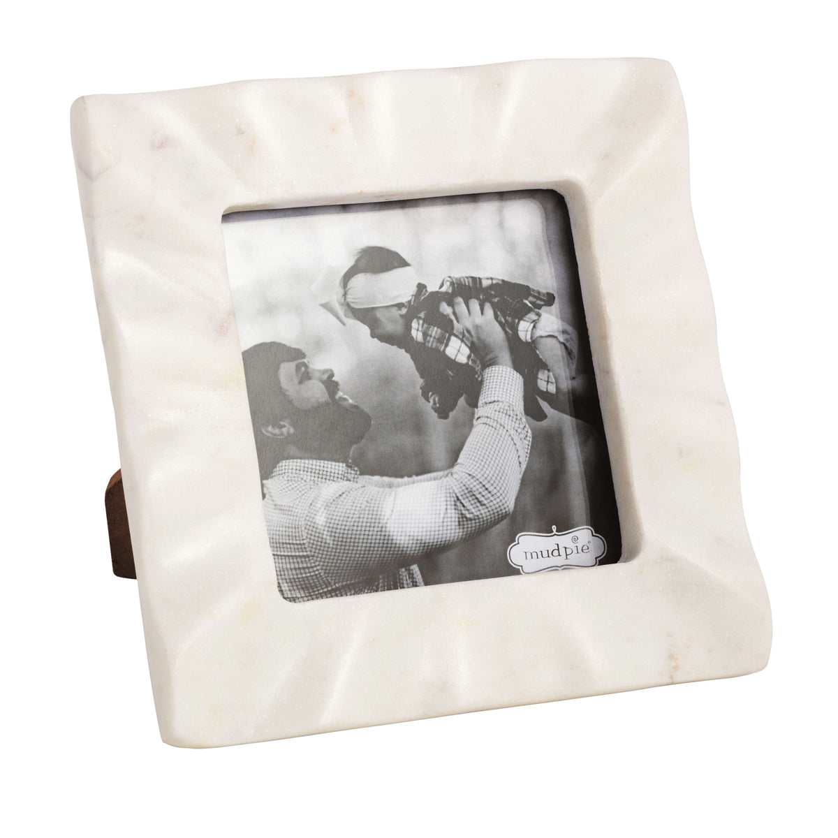 Marble photo frame with a black and white photo inside on a white background