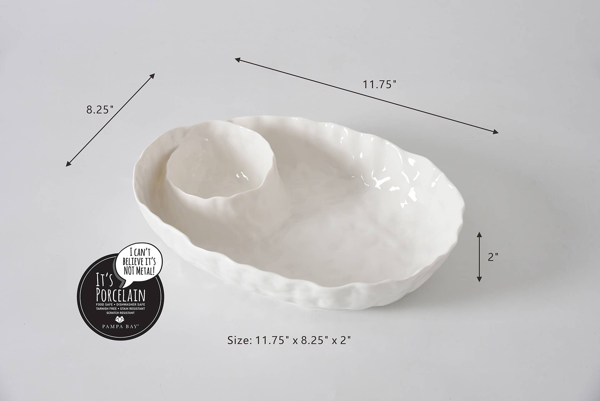 White ceramic dish with dimensions on a gray background