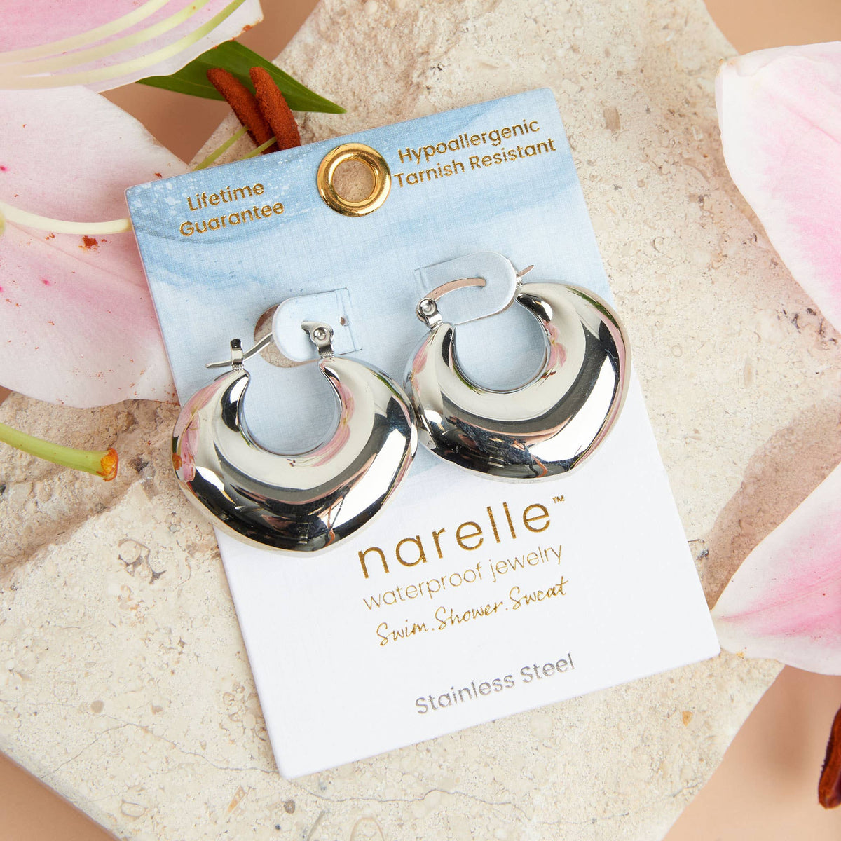 Narelle Waterproof Round Geo Hoop Earrings: Silver