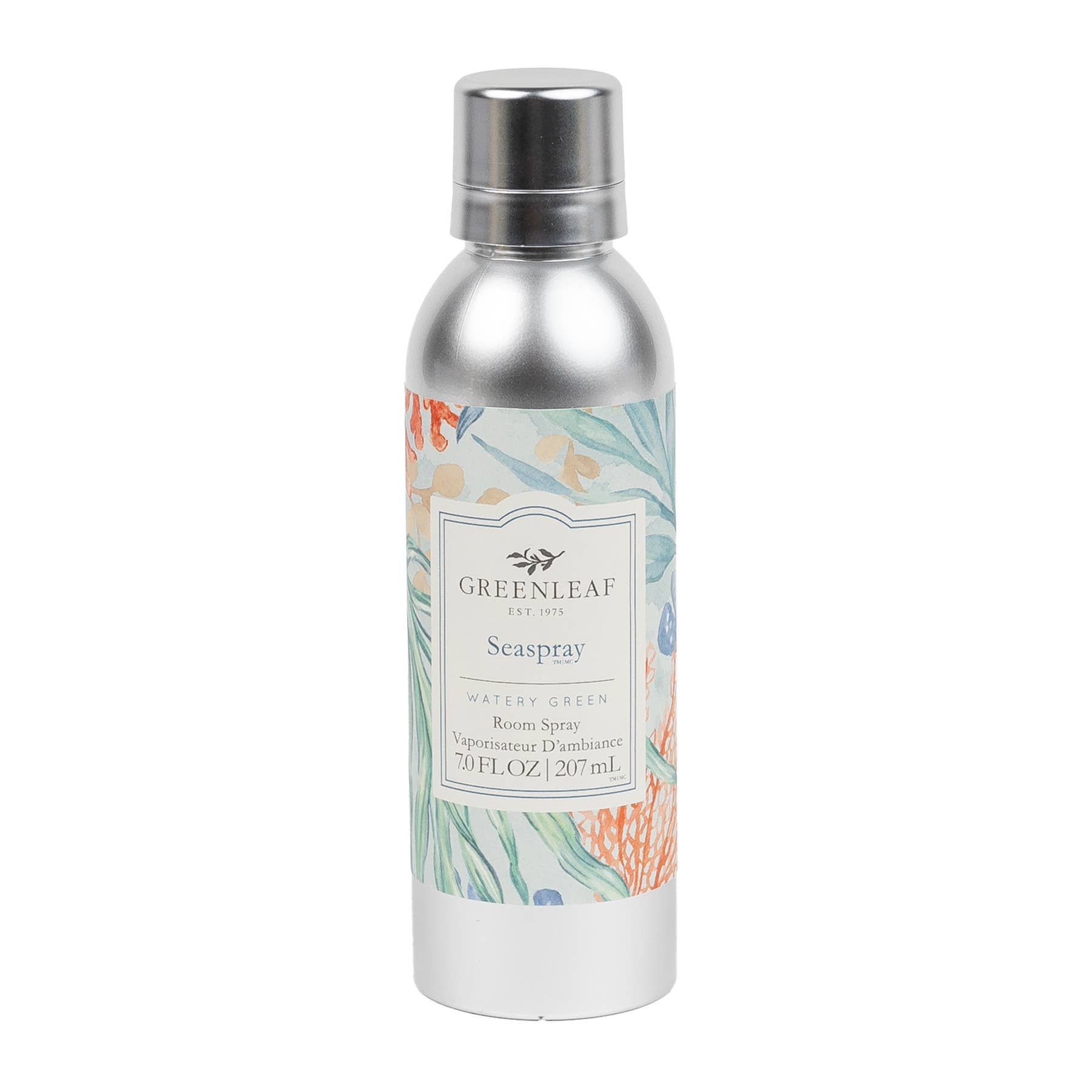 Silver bottle with a colorful label on a white background