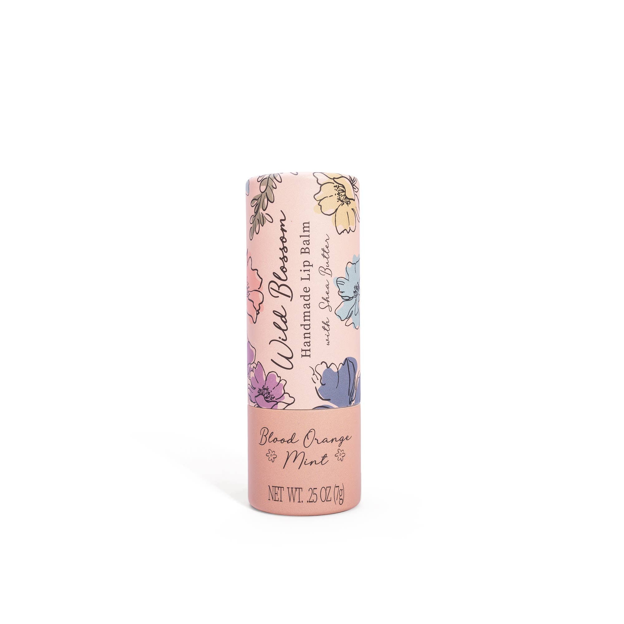 A stick of Wild Wildom Lip Balm with floral patterns and the text 'Wild Blossom Lip Balm - Blood Orange Mint' on the packaging.
