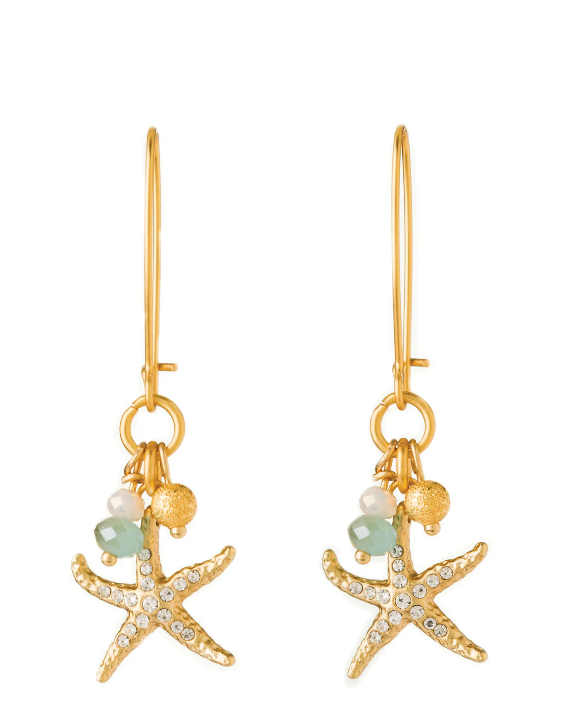 A pair of gold-plated drop earrings featuring starfish charms with crystal gems and beads.