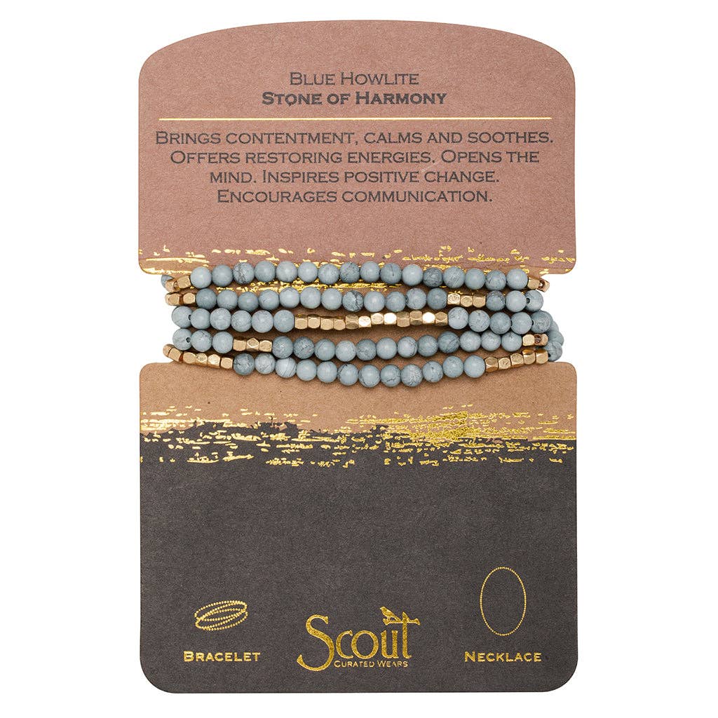 A bracelet made with blue howlite beads and plated brass, displayed on a card with the text 'Blue Howlite - Stone of Harmony', indicating the beads' semi-precious nature and versatility in use.
