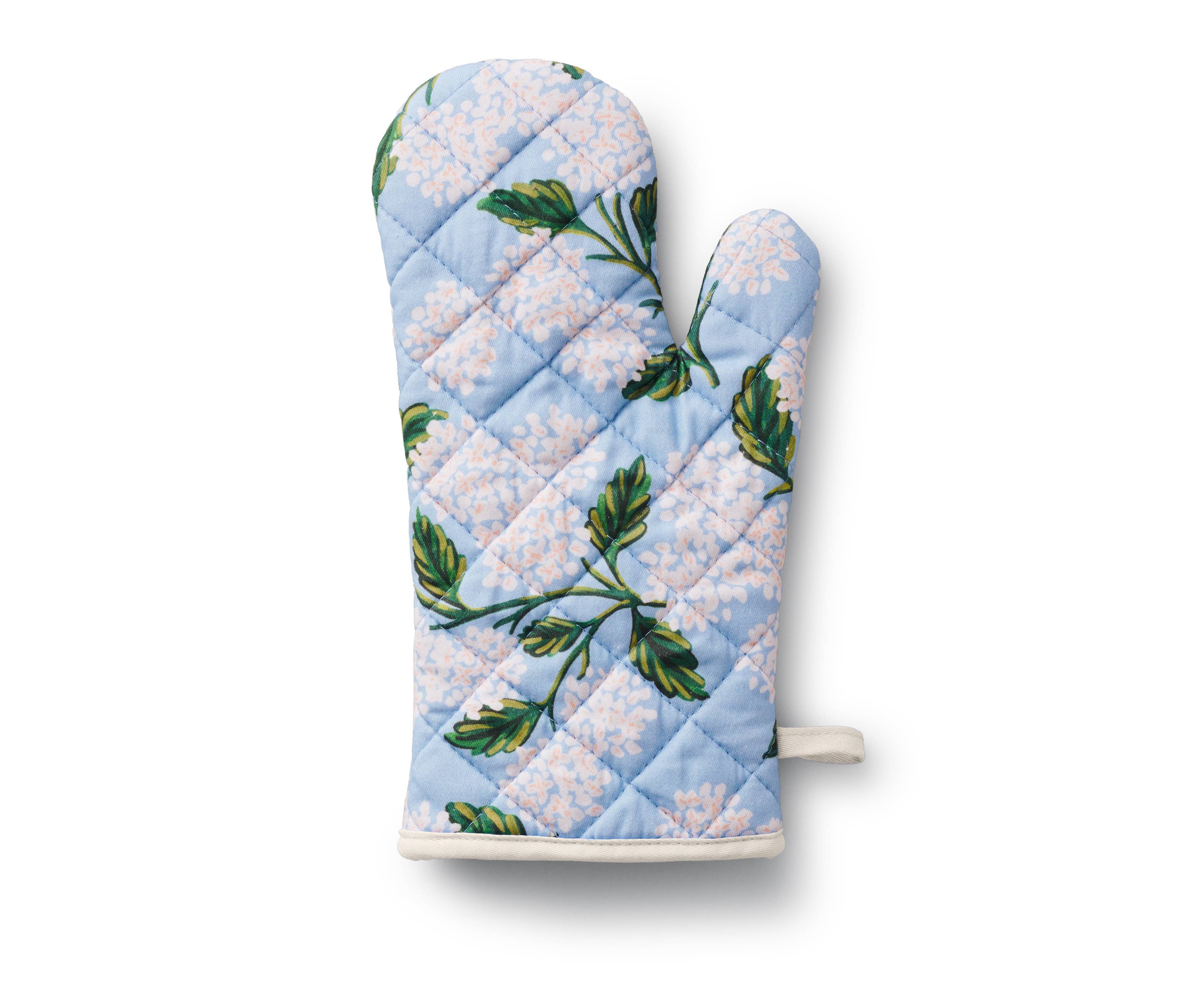 Quilted oven mitt with floral design on a white background