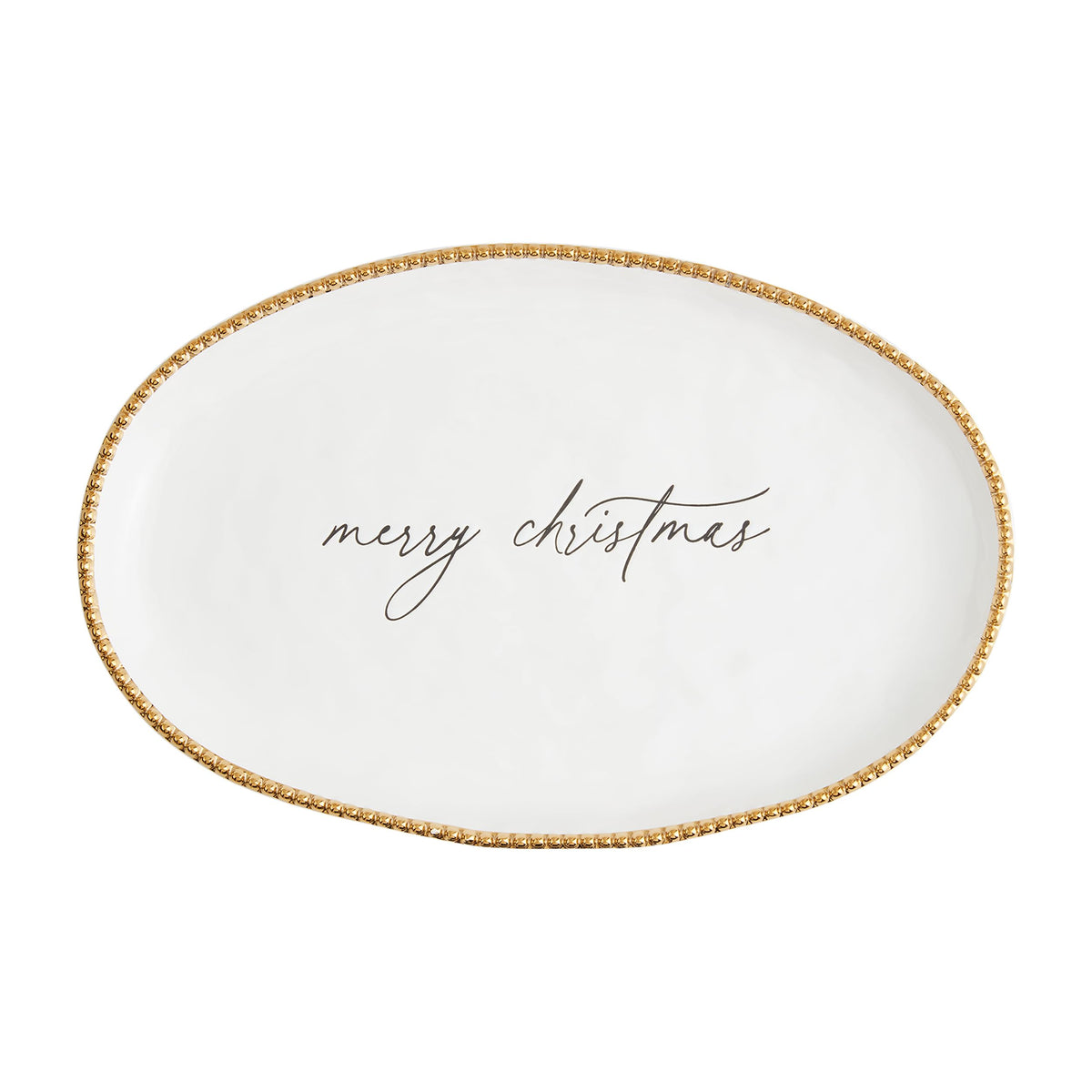 White oval plate with gold rim and 'merry christmas' text on a white background