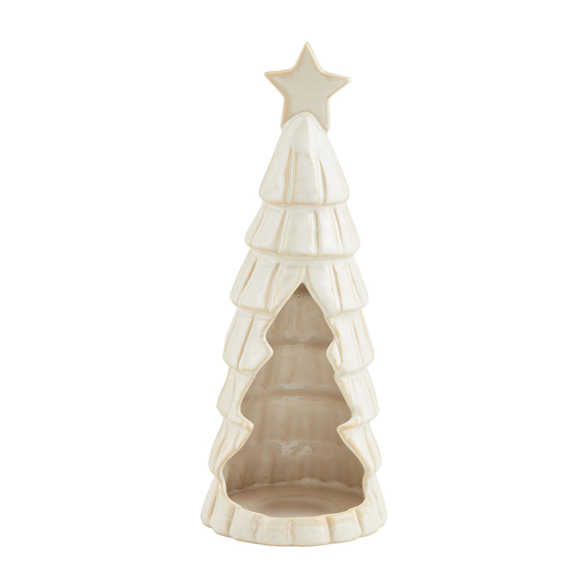 Decorative ceramic Christmas tree with a star on a white background