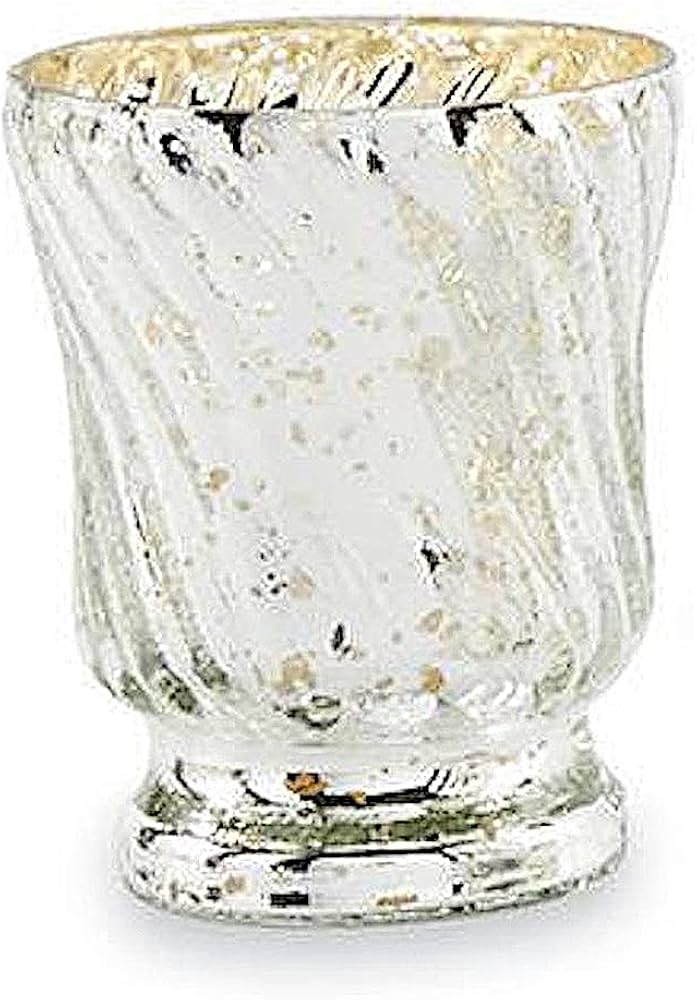 Clear glass candle holder with gold rim on a white background