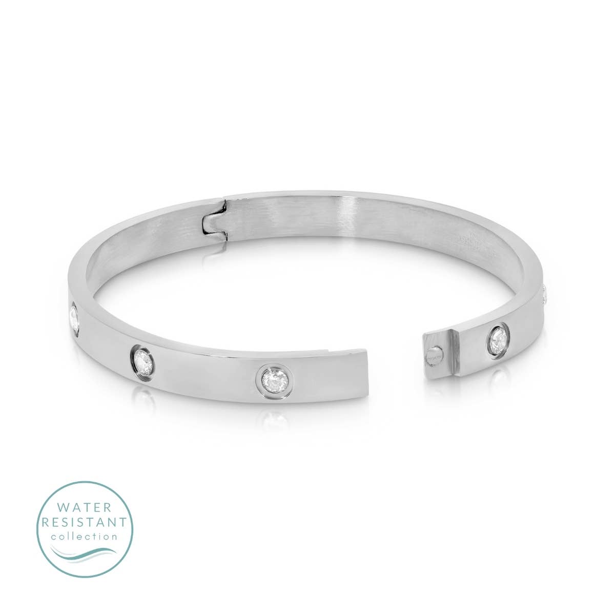 Cubic Zirconia Hinged Bracelet, Water-Resistant: Silver