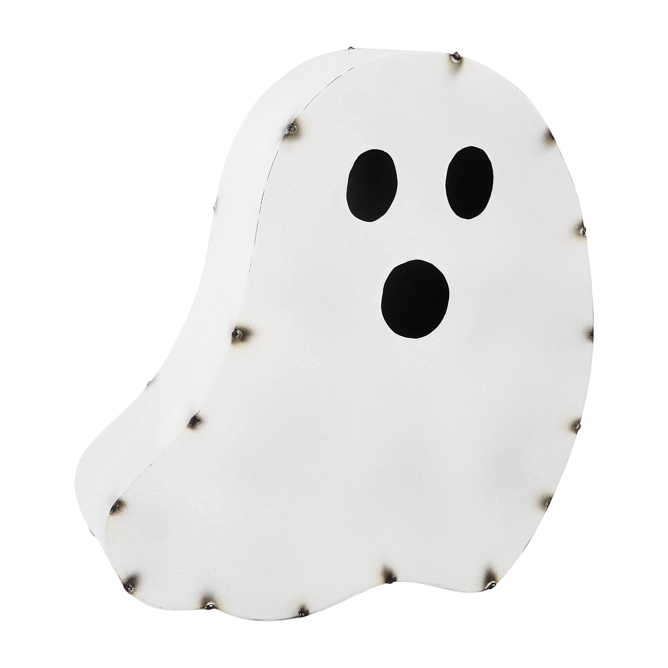 small white ghost figurine with black features against white background