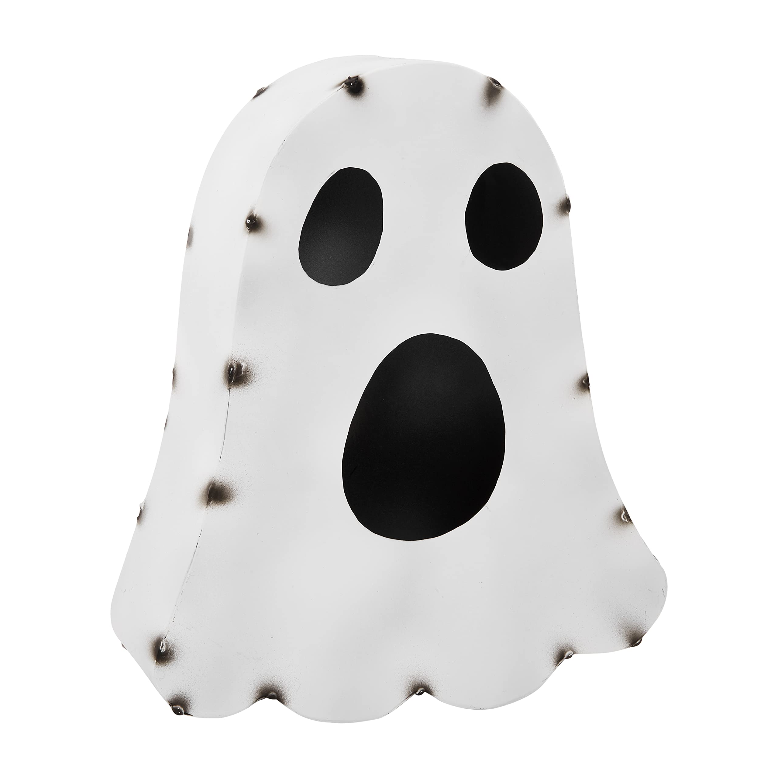 Ghost-shaped figure with black eyes and mouth on a white background