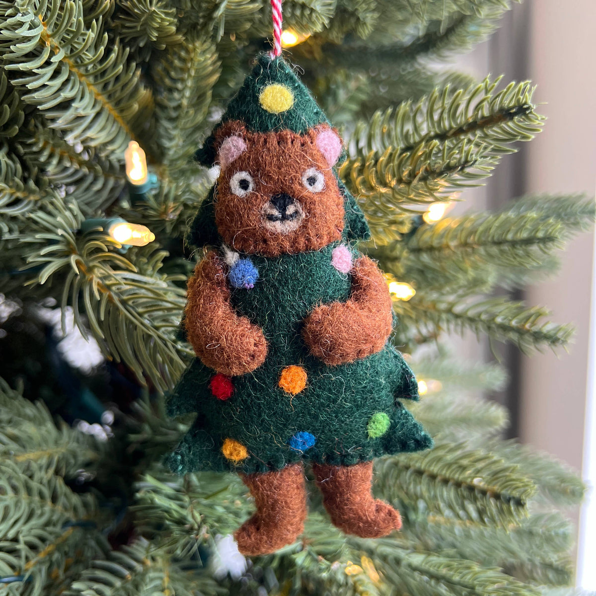 Bear in Christmas Tree Felt Wool Ornament 