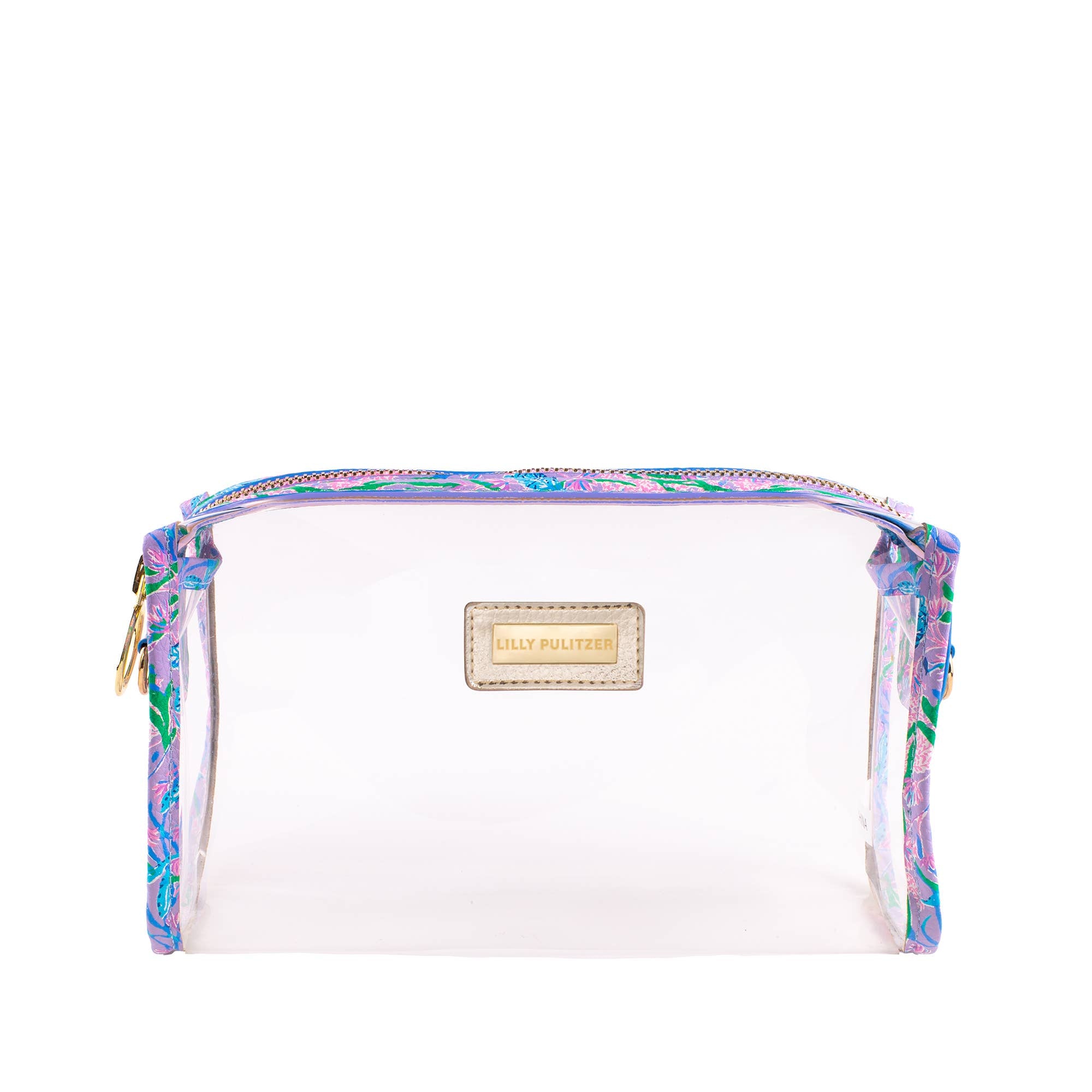 A clear vinyl pencil pouch with multicolored patterned trim and a gold metal logo plaque at the front.