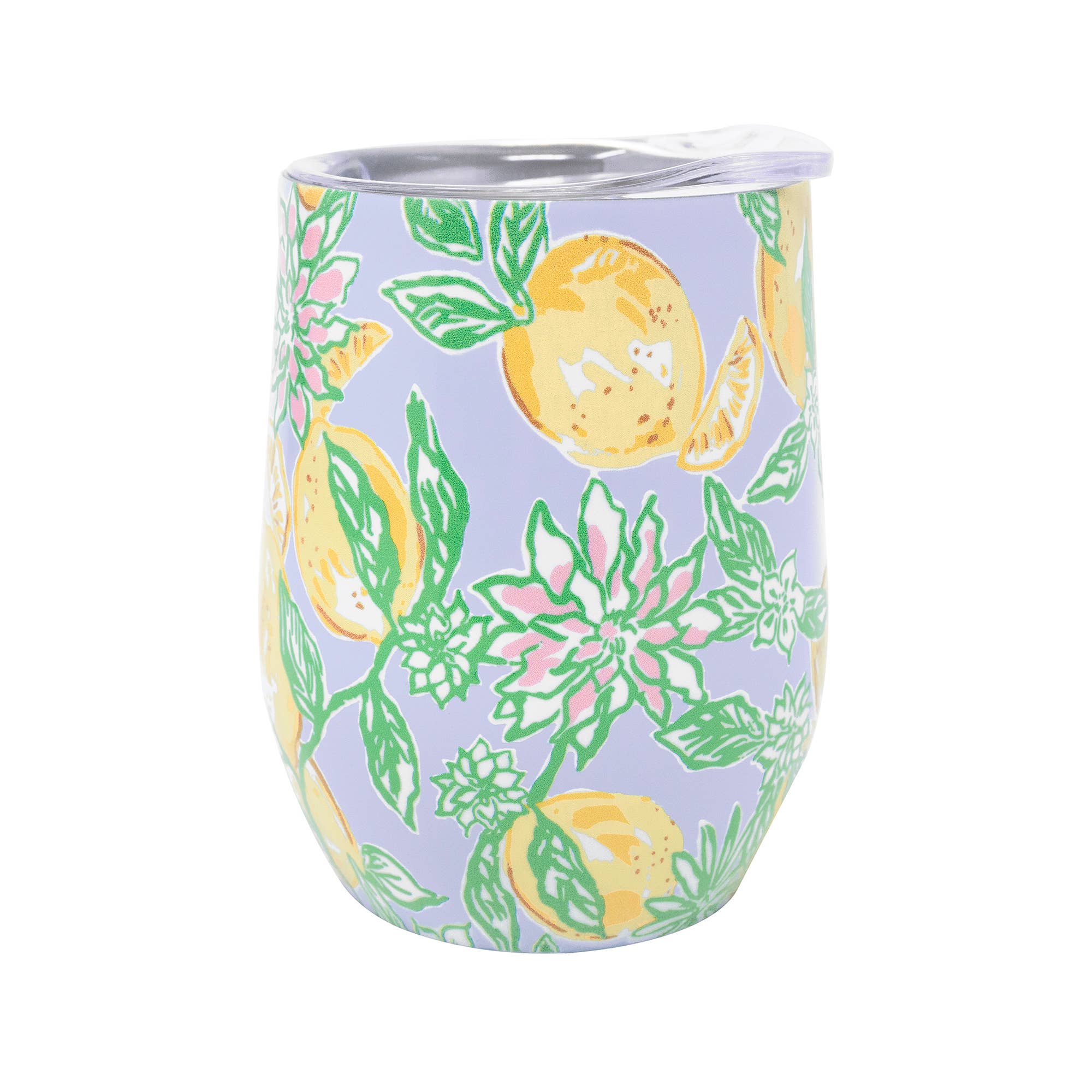 A stemless insulated tumbler with a purple background featuring a Make Lemonade print with yellow lemons and green leaves.