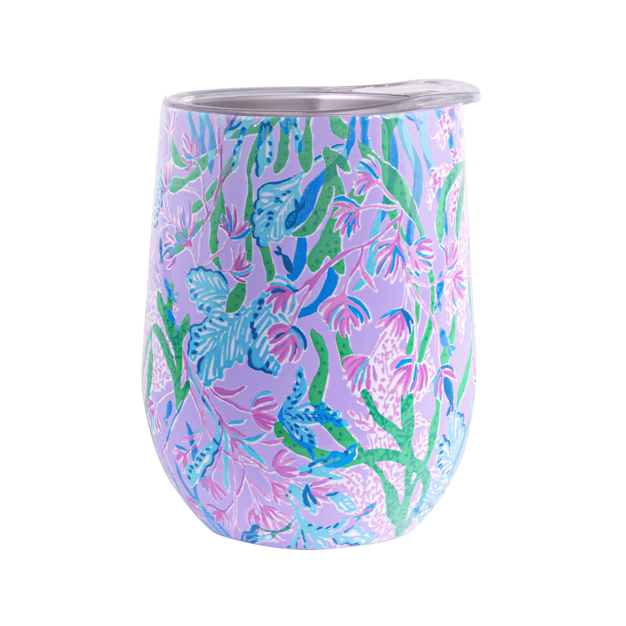 A stemless insulated tumbler with a multicolored floral pattern.