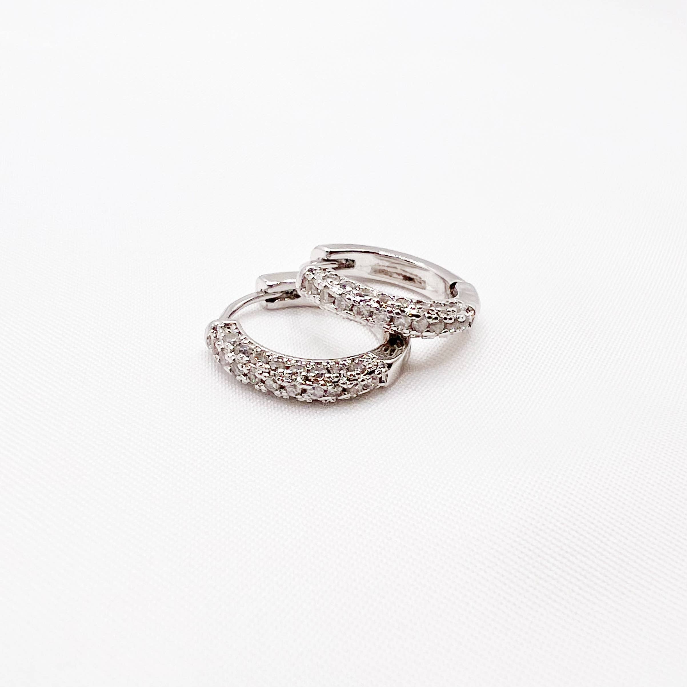 Glisten Pave Silver White Gold Filled Huggie Hoops Earrings