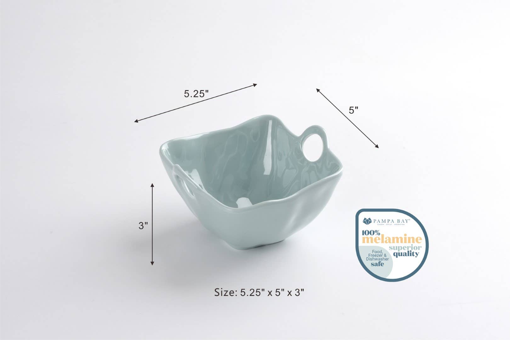 Light blue ceramic bowl with dimensions and a quality label on a white background