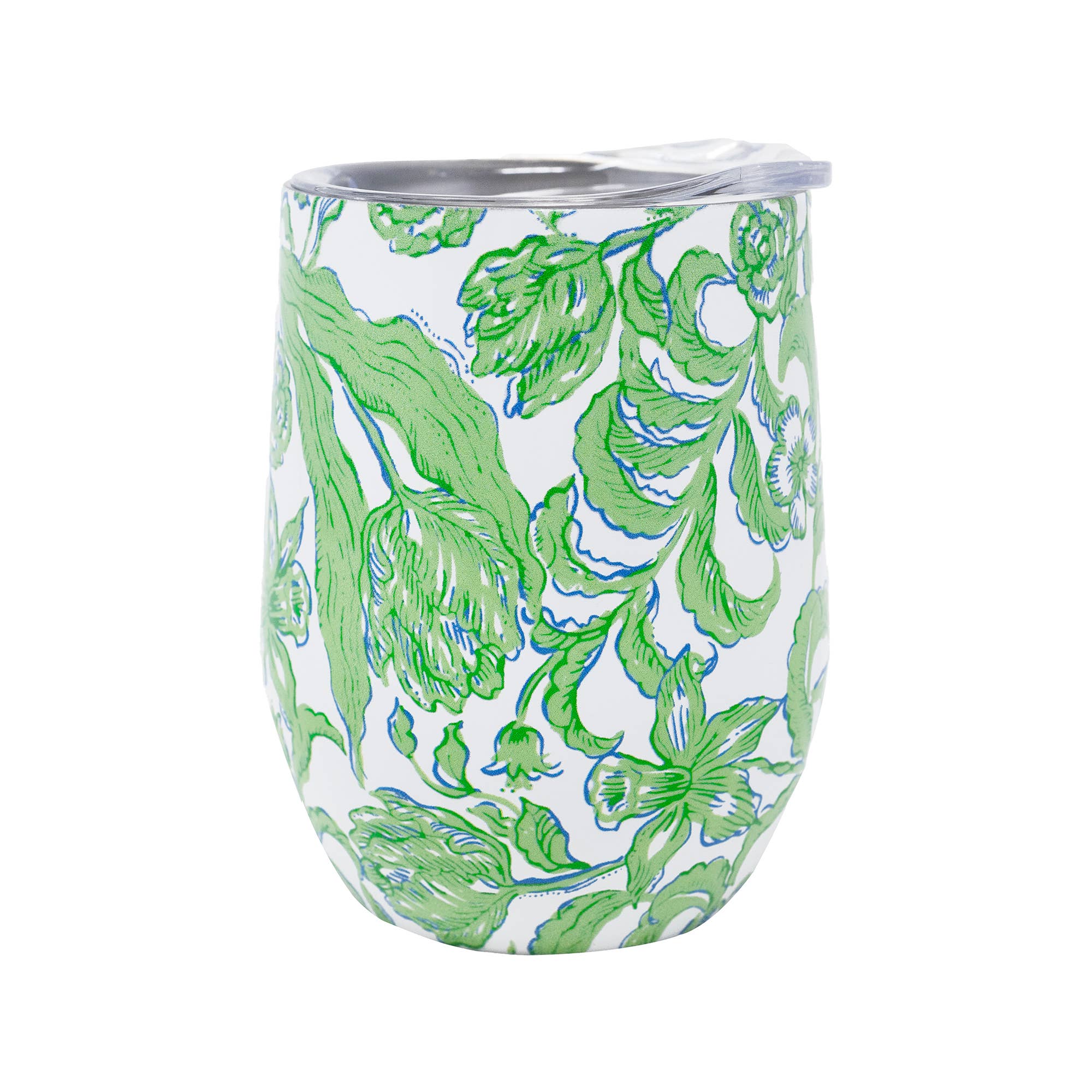 A stemless insulated tumbler with a white background and a green and blue floral pattern. It has a clear acrylic lid.