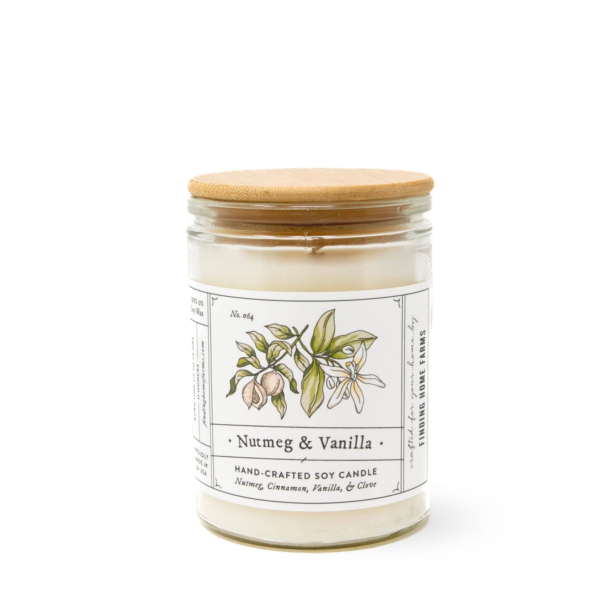 Candle jar with a wooden lid and botanical label on a white background
