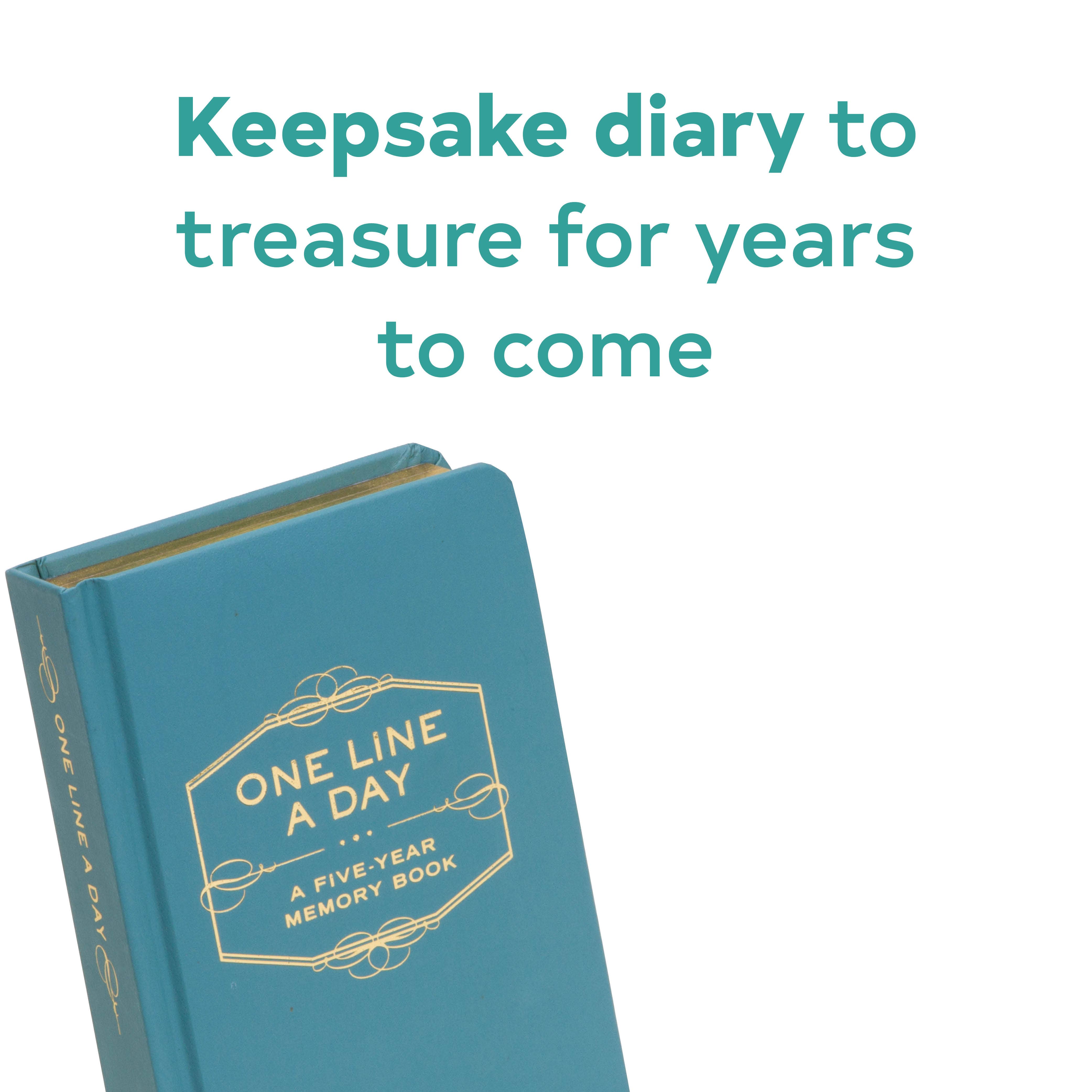 Blue diary with 'One Line a Day' text on a white background