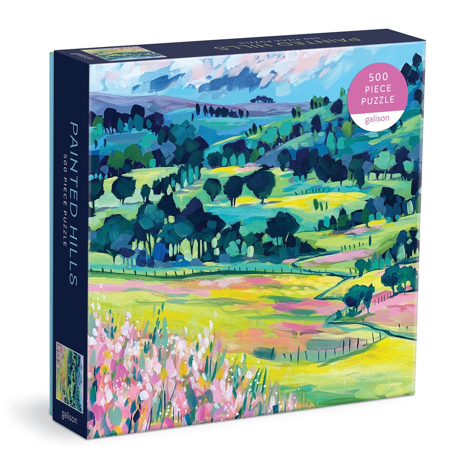 Jigsaw puzzle box with a colorful landscape design on a white background