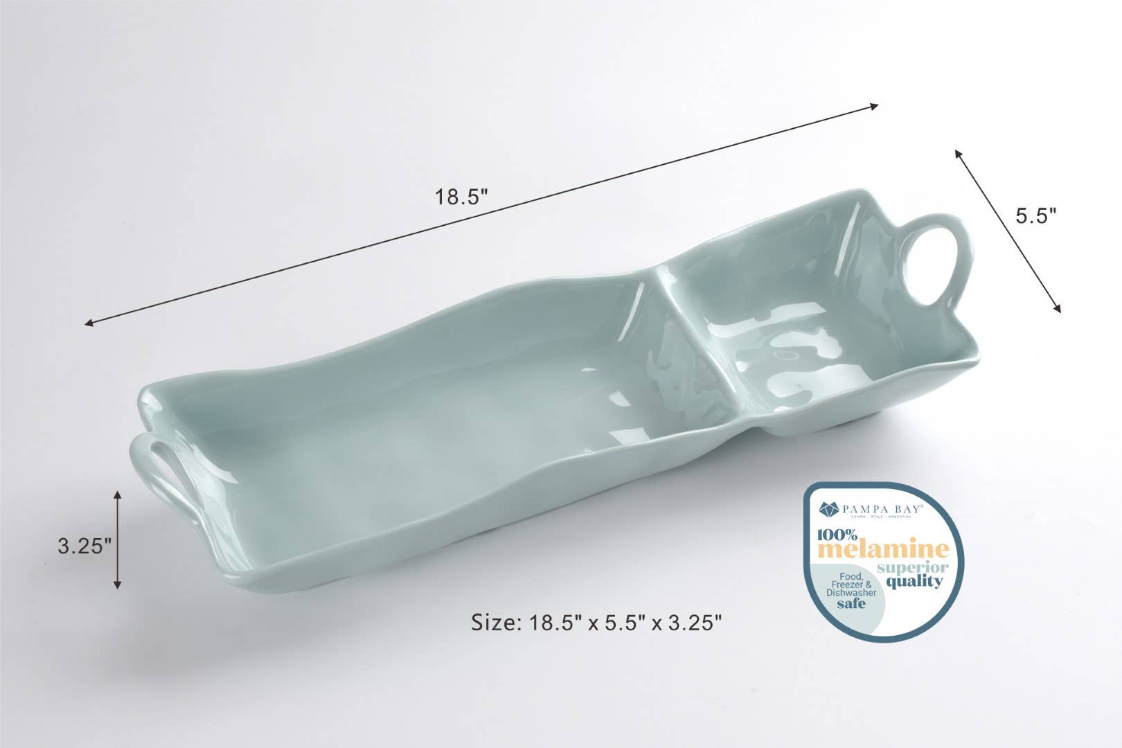 Light blue ceramic tray with dimensions and a safety label on a white background